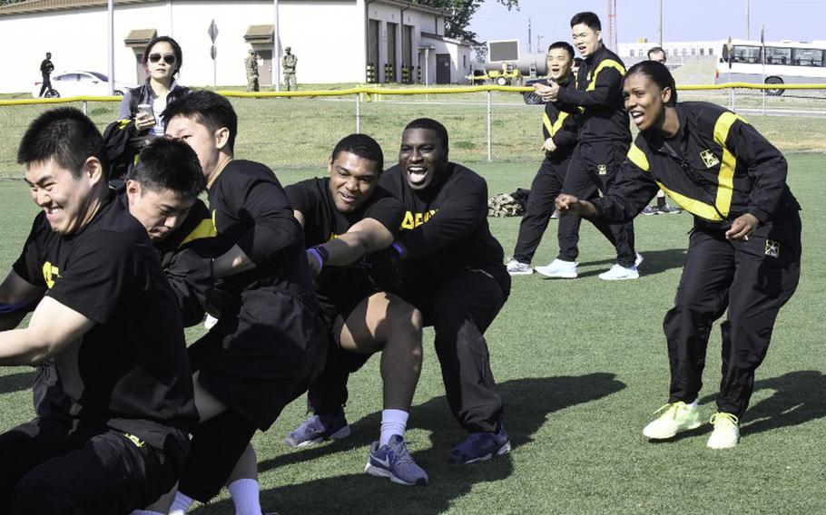 Korean Augmentation to the U.S. Army and U.S. Army Soldiers competed together in various activities, including tug-a-war, during the KATUSA-US Friendship Week, April 29-May 3. (U.S. Army photo by Pfc. Erikah Schaible)