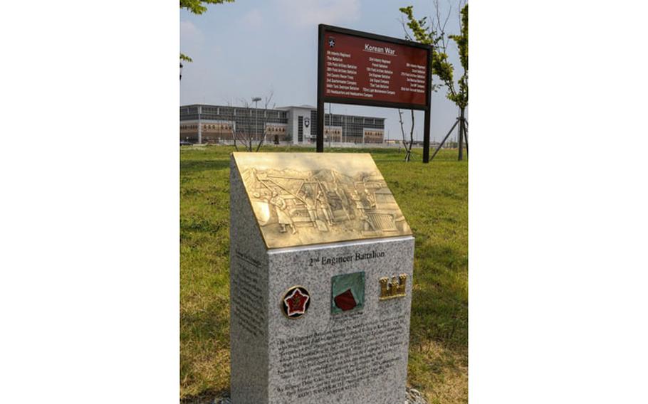 CAMP HUMPHREYS, Republic of Korea – The 2nd Brigade Engineer Battalion monument at the Regimental Walk on Camp Humphreys is situated near Freeman Hall, the headquarters of the 2nd Infantry Division/ROK-U.S. Combined Division. The monument highlights 2BEB’s accomplishments and contributions from the battalion’s participation in the Civil War, World Wars I and II, the Korean War and modern-day conflicts. (U.S. Army photo by Staff Sgt. Cody J. Harding, 2ID/RUCD Public Affairs)