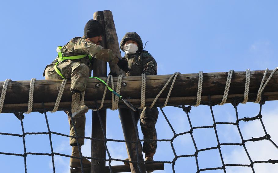 The 2nd Infantry Division/ROK-U.S. Combined Division hosts cadets from the Korean Military Academy to train on a confidence course Feb. 15, 2022 on Camp Humphreys, South Korea. The cadets received this training in preparation for the upcoming Sandhurst Military Skills Competition hosted at West Point, New York. (U.S. Army Photo by Pfc. Kade M. Bowers)