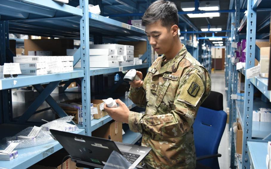 A Soldier with the U.S. Army Medical Materiel Center-Korea inventories medical supplies in a warehouse. The Army’s newest 1-star command will project and sustain medical materiel capabilities and data for the Army and joint force. Army Medical Logistics Command, a major subordinate command of Army Materiel Command, reached initial operational capability June 1 and is expected to be fully operational Oct. 1. (Courtesy Asset)