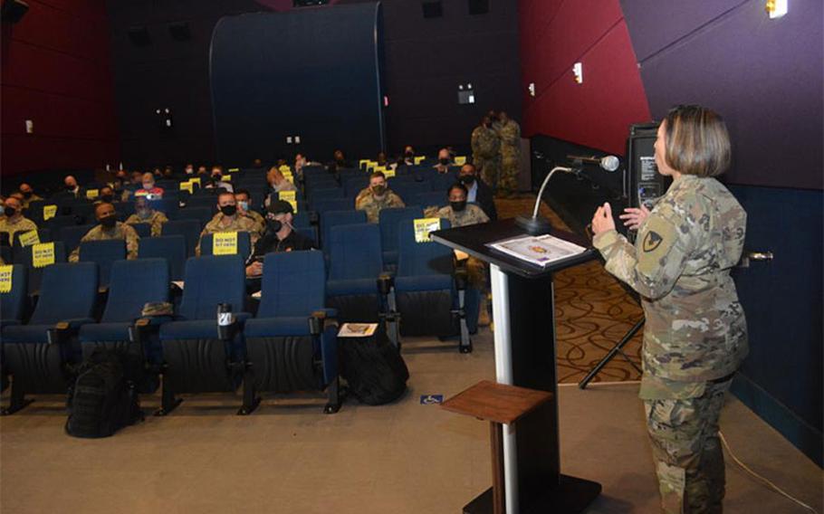 Col. Lisa Rennard, commander, 403rd Army Field Support Brigade, kicks-off the organization’s supervisor leadership training and staff ride event at Camp Humphreys, South Korea, Oct. 15.