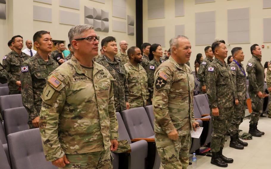 Brigadier General Scott C. Woodward, Deputy Commanding General, Major General Charles T. Lombardo, Commanding General, and Brigadier General Lee, Woon Jang, Deputy Commanding General.