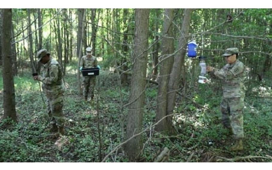 MAJ Jaree Johnson (far right) and her team conducted field insecticidal resistance surveillance to establish a baseline for potential resistant mosquitoes on Aberdeen Proving Ground in Maryland.