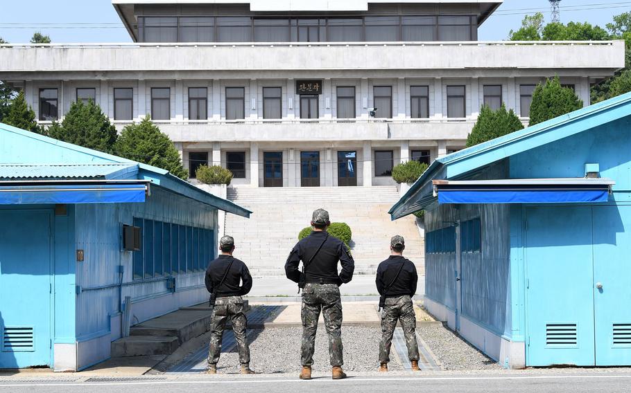 Soldiers from the JSA Security Battalion are standing guard at the Joint Security Area (JSA) in Panmunjom.