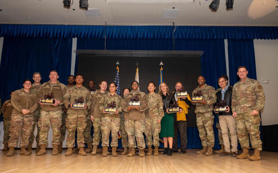 The 51st Fighter Wing 4th Quarter Award winners pose for a group photo at Osan Air Base, Republic of Korea, Jan. 16, 2025.