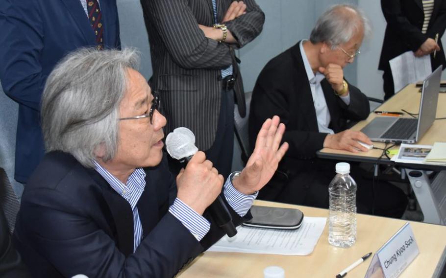 Mr. Chung, Kyoo Suk, Electrical Engineering Section Chief, U.S. Army Corps of Engineers - Far East District, answers questions about FED’s updated elevator specifications during an industry day hosted by the district, Korean Lift Association (KOLA) and the Korean Elevator Safety Agency (KoELSA) in Seoul.