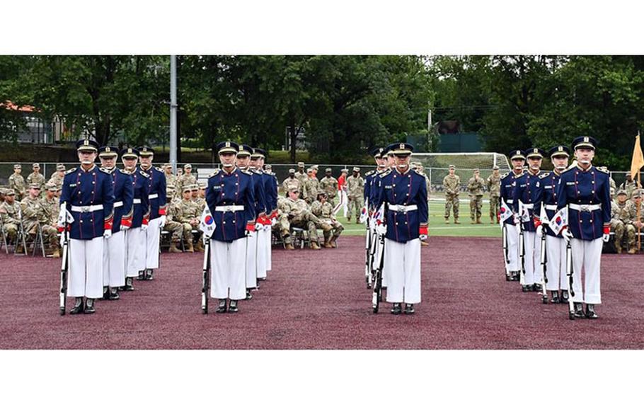 The Korean military band performs during KATUSA Friendship Week. This event marks the opening ceremony for the weeklong celebration, in which U.S. Soldiers and KATUSA members from Area IV come together to share cultural knowledge and engage in competitive sports to strengthen their alliance. U.S. Army Medical Logistics Command