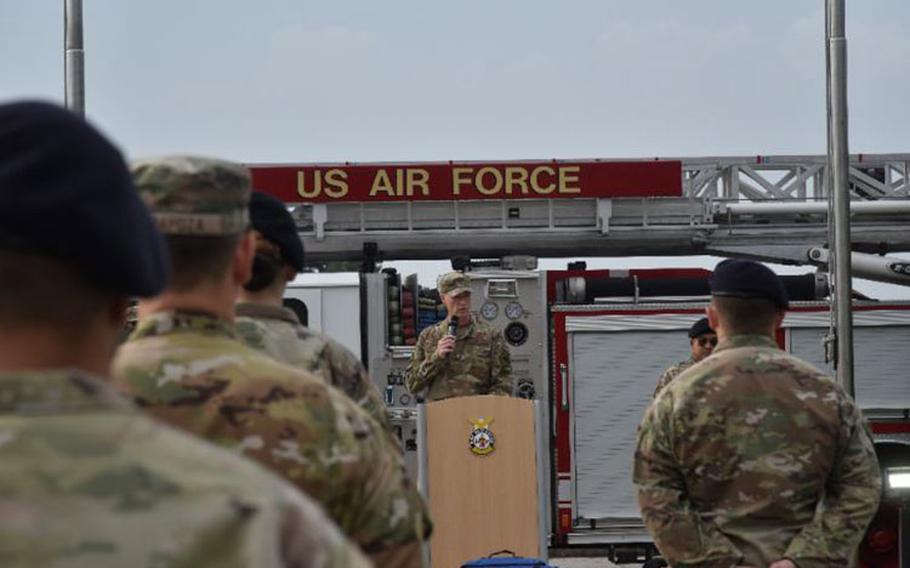 Col. Chris “Wolf” Hammond, 8th Fighter Wing commander, speaks with first responders during a 9/11 memorial service on Kunsan Air Base, Republic of Korea, Sept. 11, 2020. Hammond spoke about the victims and the selfless sacrifices first responders made along with the support of allied countries. (U.S. Air Force photo by Staff Sgt. Kristin High)