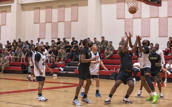 U.S. Service Members and The Korean Augmentation to the United States Army (KATUSA) Soldiers compete in a basketball tournament hosted by 2nd Infantry Division as part of the KATUSA Friendship Week at Sitman Gym, Camp Humphreys, Republic of Korea, June 12, 2024.