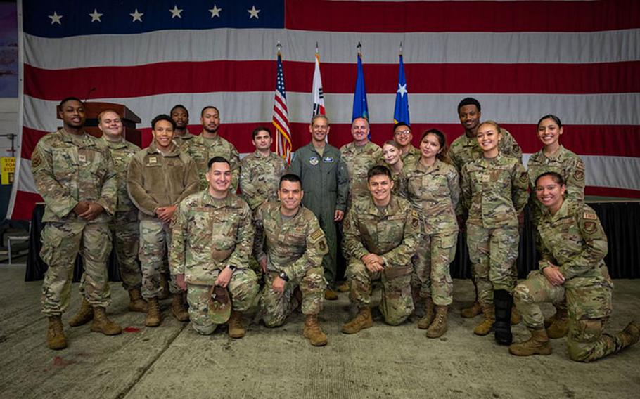 U.S. Air Force Gen. Ken Wilsbach, Pacific Air Forces commander, speaks during an all-call alongside Chief Master Sgt. David Wolfe, PACAF command chief, at Osan Air Base, Republic of Korea, Oct. 19, 2023. Wilsbach and Wolfe spoke to Airmen about their role defending the homeland, deterring aggression, and reinforcing allies and partners in the complex and ever-changing Indo-Pacific region through their daily activities at Osan AB. (U.S. Air Force photo by Staff Sgt. Thomas Sjoberg)