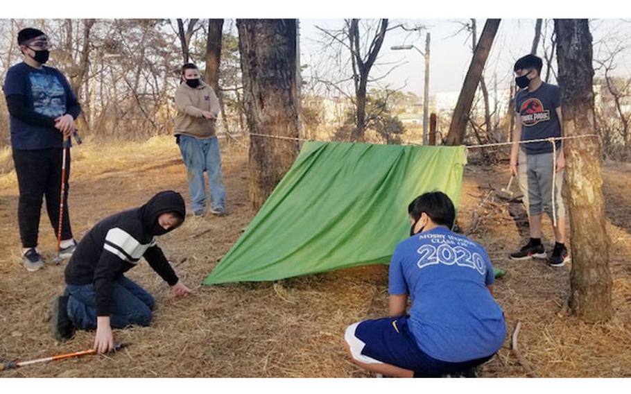 The Scouts of America Troop 159 (girls) and Troop 47 (boys), ranging from ages 11 to 16, based out of USAG Humphreys, competed in the Klondike Derby, Feb. 20-21. Competition categories included first aid, bear bag throw, fire starting, evacuating an injured scout, and more.