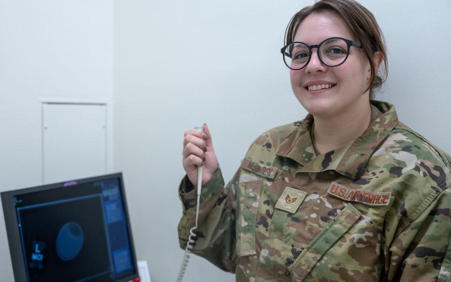 Staff Sgt. Annie McIntosh, 8th Operational Medical Readiness Squadron radiology technologist, demonstrates how diagnostic imaging technologies are used in day-to-day operations at Kunsan Air Base, Republic of Korea, March 4, 2024. The radiology flight supports 16 clinics throughout the installation, as well as serving as an ancillary service.