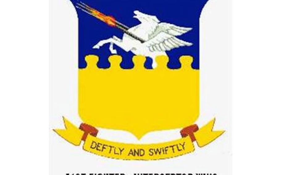 The 51st Fighter-Interceptor Wing emblem embraced Greek mythology, themed with a winged pegasus armed with machine guns in flight. The group commander received permission from Mobil Oil Co. to use its trademarked red pegasus as a basis for their emblem and added a scroll with the motto: Deftly and Swiftly. (Courtesy photo)