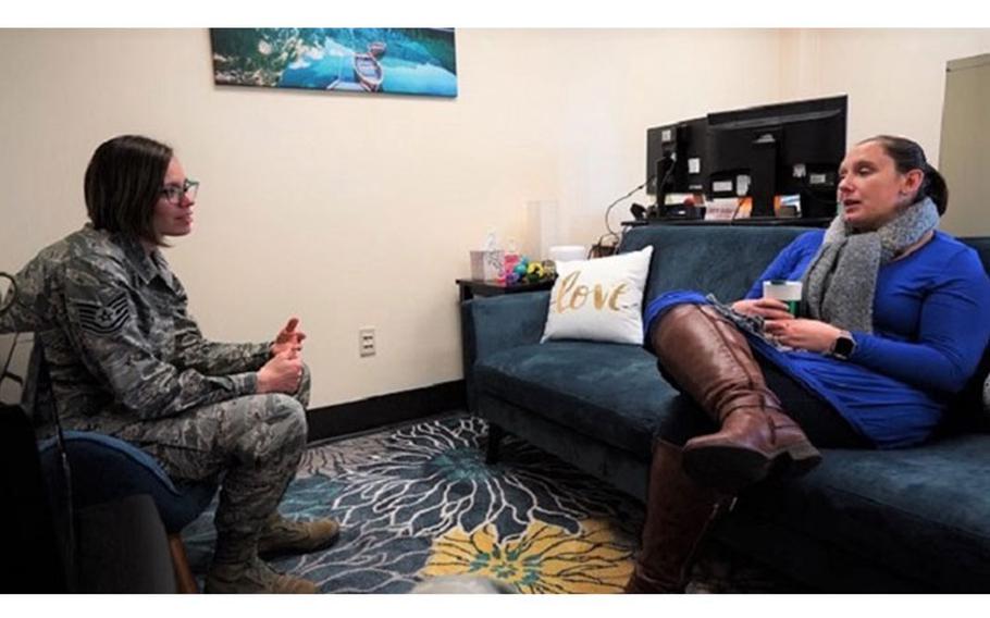 Heather Gauthier-Bell, director of Psychological Health at the 142nd Wing, sits down with an airman in her office on Portland Air National Guard Base. Counseling sessions are just one of the many resources provided by the resiliency team to airmen. (pre-COVID-19 image) (Photo by Air National Guardsman Staff Sgt. Alexander Frank, 142nd Wing, Portland, Oregon.)