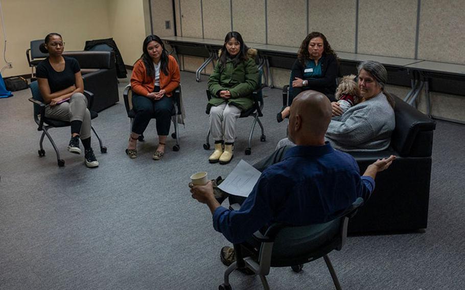 Community members gathered for a class at the Military Family & Readiness Center to learn how to cope with seasonal affective disorder at Osan Air Base, Republic of Korea, Jan. 11, 2024. The class, “Breathing through the blues”, was created as a safe space for individuals to share their experiences with how the weather or season affects them. (U.S. Air Force photo by Senior Airman Kaitlin Castillo)