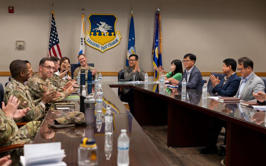 51st Fighter Wing leaders and Songtan city officials introduce themselves during the Osan Air Base and Songtan Community Advisory Council meeting at Osan AB, Republic of Korea, May 30, 2024. 