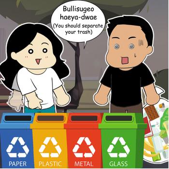 A woman tells a man that he should separate his trash.