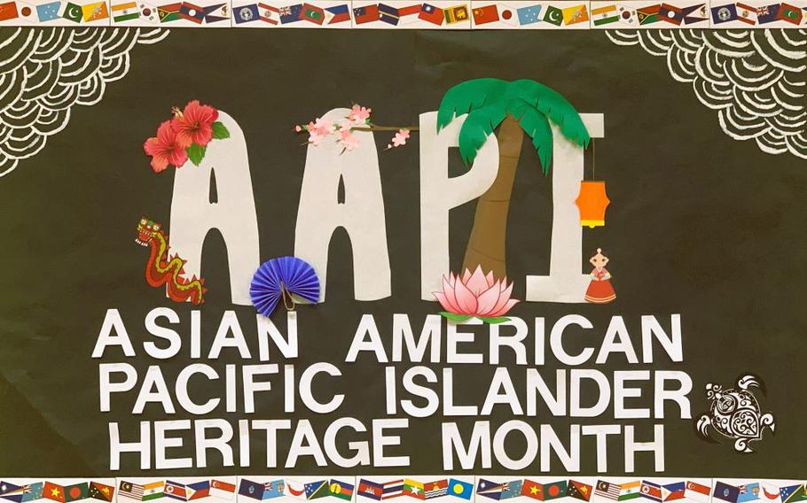 Photo of bulletin board at Humphreys Middle School designed by front office staff member Ms. Lannyvelle Buenvijae-Duddy. She also assisted in coordinating the South Pacific Warriors to perform at HMS as special guest for the Asian American Pacific Islander Heritage Month Program.