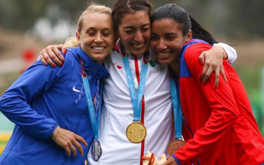 Army Sgt. Samantha Schultz (left, with a silver medal at the 2019 Pan American Games in Lima, Peru, sharing a happy moment with Mexico's Mariana Arceo, center, and Cuba's Leydi Moya) is competing in modern pentathlon at the Tokyo Olympics. Like other athletes, Schultz sought the help of a psychologist to prepare for the games (Courtesy photo).