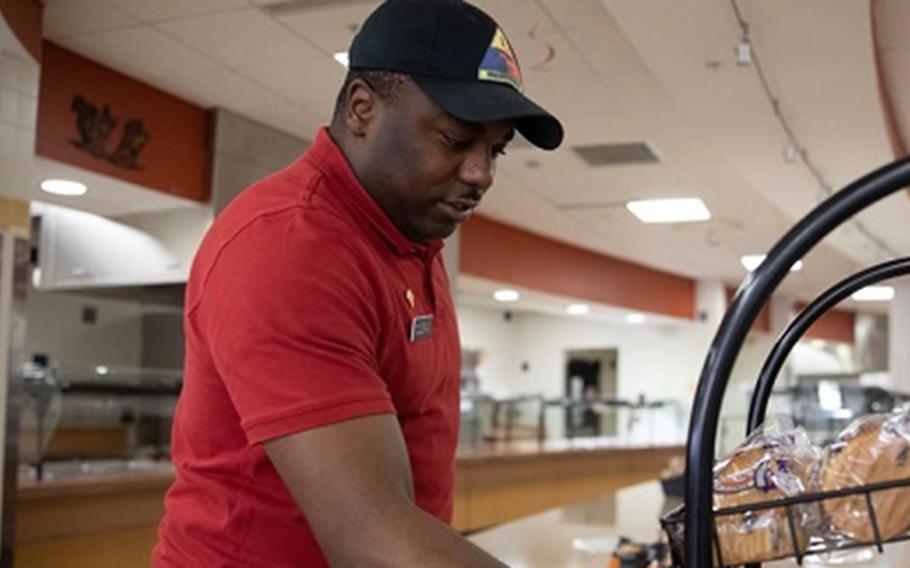 U.S. Army Spc. Darius Coleman, a culinary specialist assigned to the153rd Quartermaster Field Feeding Company, Special Troops Battalion, 1st Armored Division Sustainment Brigade, stocks the dining hall at Fort Bliss, Texas, June 1, 2023. Culinary specialists ensure there are a variety of foods for soldiers to eat. The DOD held a virtual conference June 14 to discuss the role nutrition and healthy food choices play for service members, their families, and veterans’ health as part of Total Force Fitness and w