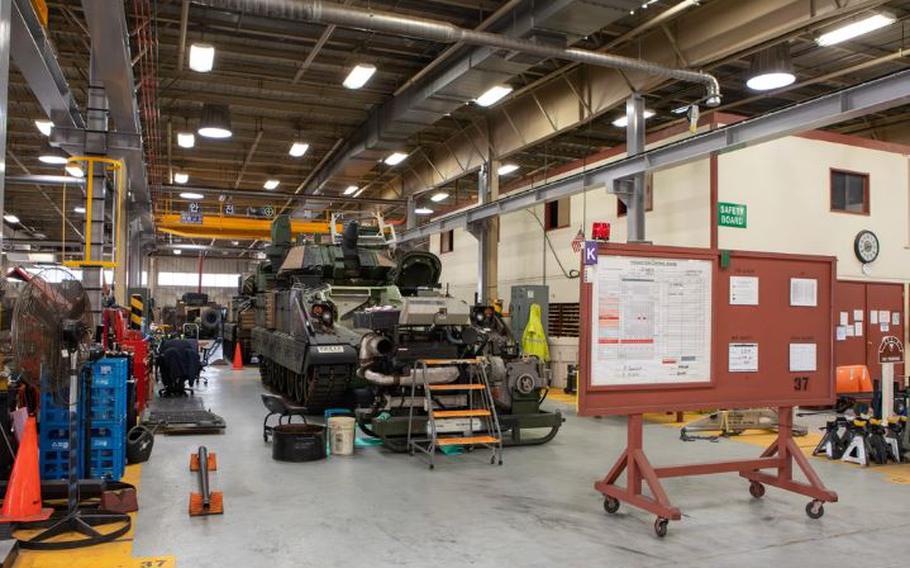 At the Army Field Support Battalion – Northeast Asia Army Prepositioned Stocks-4 maintenance facilities, each bay is equipped with its own production board to track all necessary information, such as the work order, what type of service is being done, and the timeline.