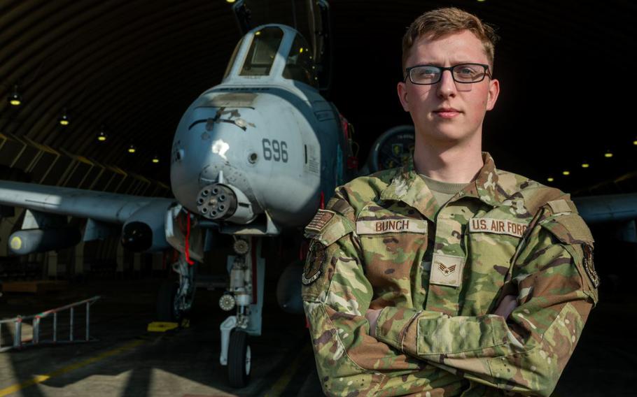 U.S. Air Force Senior Airman Aron Bunch, 25th Fighter Generation Squadron aerospace propulsion journeyman, poses for a photo at Osan Air Base, Republic of Korea, May 3, 2024. The 25th FGS is responsible for ensuring the A-10C Thunderbolt IIs assigned to Osan AB are ready to carry out the “Fight Tonight” mission. Bunch has excelled in his career field and was recognized for his mentorship and training skills, contributing to the elevated experience of the Airmen in his shop.