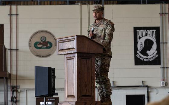 U.S. Air Force Col. Joshua Hawkins, 8th Mission Support Group incoming commander, addresses attendees of the 8th MSG change of command ceremony at Kunsan Air Base, Republic of Korea, June 21, 2024. As the 8th MSG commander, Hawkins is responsible for the leadership and management of five diverse squadrons that provide base communications, engineering, security, base defense, transportation, supply, personnel support, logistics readiness, education, food services, housing and recreation activities to over 2,700 active duty Airmen and Soldiers.
