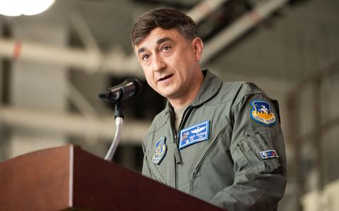 Photo Of U.S. Air Force Lt. Col. Lance Tucker delivers his first remarks to the squadron.