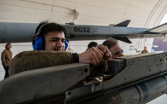 U.S. Air Force Airman 1st Class Patrick Aranda, 36th Fighter Generation Squadron weapons load crew member