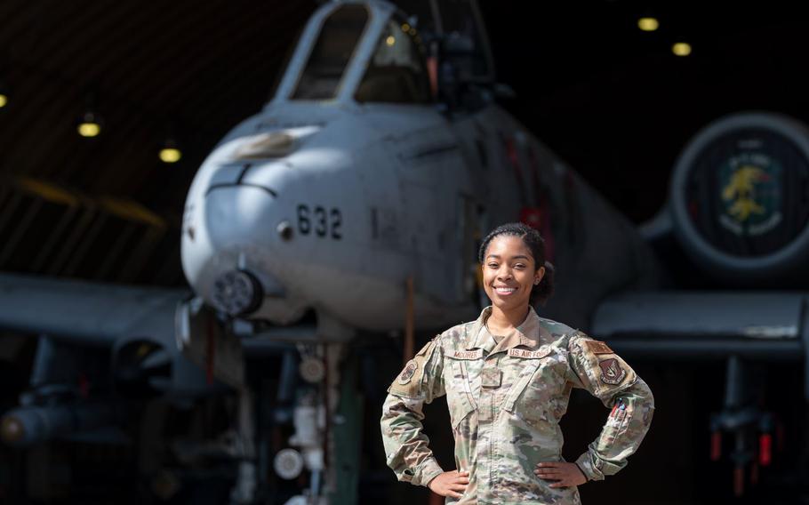 U.S. Air Force Senior Airman Erykah Moorer, 25th Fighter Squadron squadron aviation resource manager, poses for a photo in front of an A-10 Thunderbolt II at Osan Air Base, Republic of Korea, Oct. 9, 2024. Moorer was recognized as Osan’s Mustang of the Week for her hard work and dedication to the 25th FS. Her role as a SARM is vital to making sure all 25th FS aircrew are fully trained and prepared to defend the peninsula safely. 