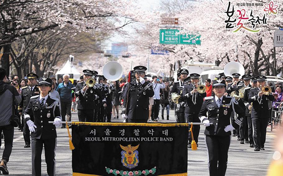 a marching band on the road.