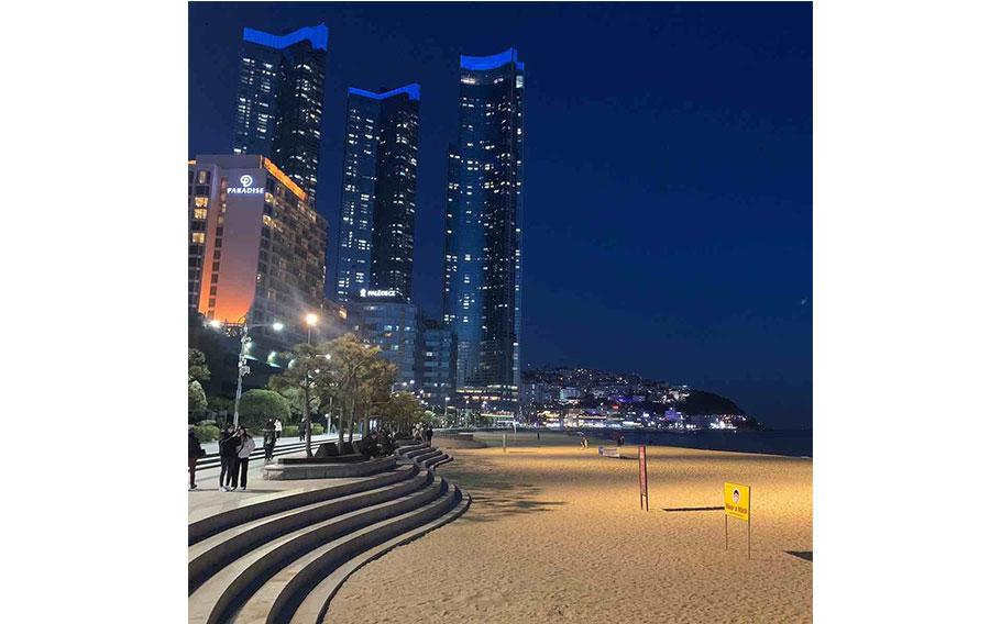 One of the beaches in Busan at night.