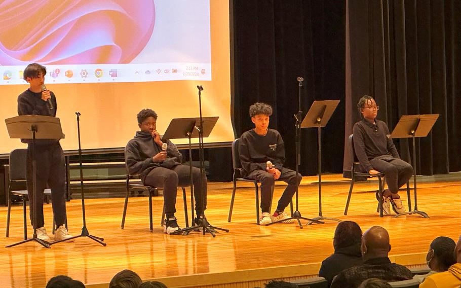 HMS students reading poems by Langston Hughes: “I Look to the World” – Thomas Summer, 8th grade “Mother to Son” – Mervee Blackett, 7th grade; “Harlem” – Taeyang Alex, 6th grade; and “Dream” – Draylen Douglas, 5th grade 