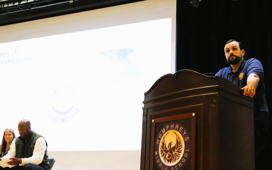 Special Agent Mr. Zachery Bruno from General Crimes Team 1 at the Far East Field Office (CID) on Camp Humphreys presents information about crimes against children and the different types of investigations.