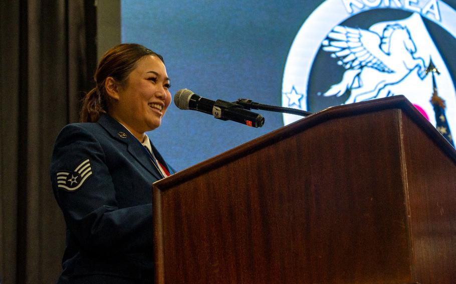 U.S. Air Force Staff Sgt. April Sacluti, 51st Maintenance Group unit training manager, delivers a speech after earning the John L. Levitow Award during the Airman Leadership School Class 24-A graduation at Osan Air Base, Republic of Korea, Feb. 15, 2024. The Levitow Award is presented to the graduate who exemplifies the qualities of leadership, followership and service.