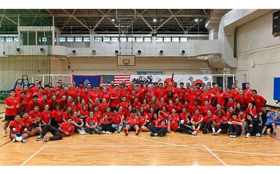 Varsity volleyball members across the U.S. Indo-Pacific Command area of responsibility gather for a group photo during the 2024 INDOPACOM Volleyball Tournament at Yokota Air Base, Japan, April 27, 2024. 34 members formed four teams and represented Osan AB, Republic of Korea, participating in the U.S. Indo-Pacific Command tournament hosted by Yokota AB. Leading up to the tournament, the Osan AB Varsity Volleyball team put in hours of practice weekly over several months to prepare them for the competition.