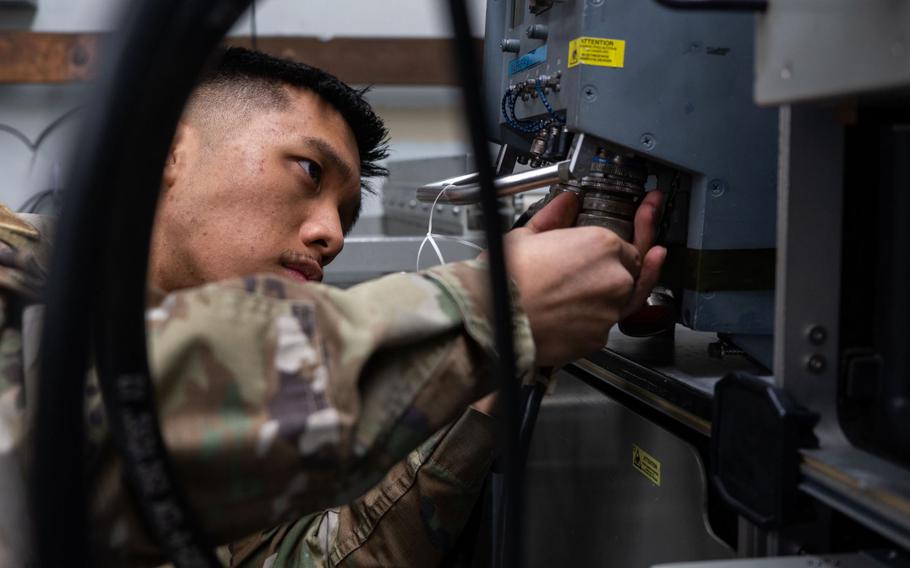 Airman 1st Class Thomas Dela Pena, 8th Maintenance Squadron avionics journeyman, prepares equipment at Kunsan Air Base, Republic of Korea, March 21, 2024. Pena was selected as Kunsan Air Base’s Pride of the Pack for the week of March 18-22 for his innovative solutions on the job.