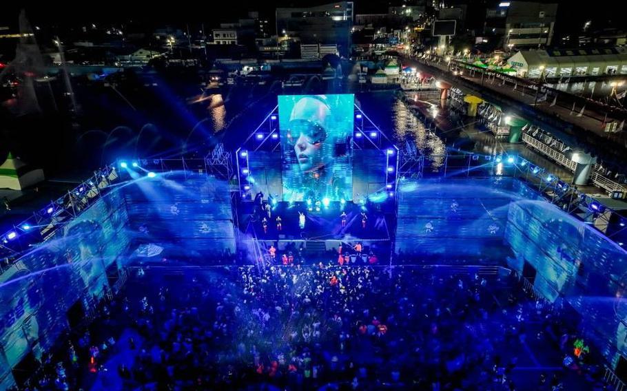 Birds-eye view of the Jeongnamjin Jangheung Water Festival at night.