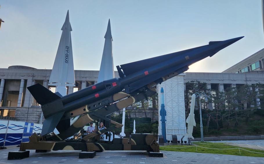 One of the rockets exhibited outside the museum.