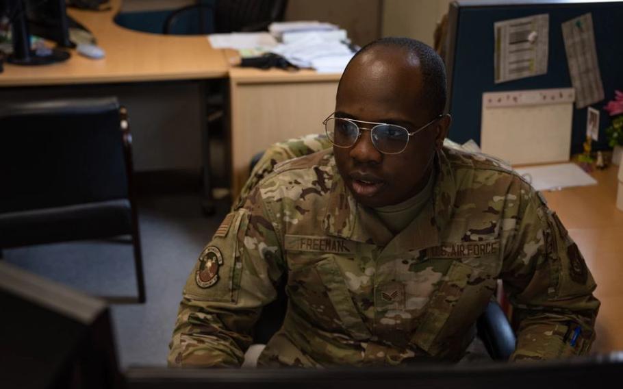 Senior Airman Bernard Freeman, 8th Force Support Squadron personnel systems manager, reviews personnel records at Kunsan Air Base, Republic of Korea, April 30, 2024. PSMs serve as specialists in the implementation, maintenance and operation of automated personnel data systems and supply commanders, managers and support staff with personnel-related data and information services. 