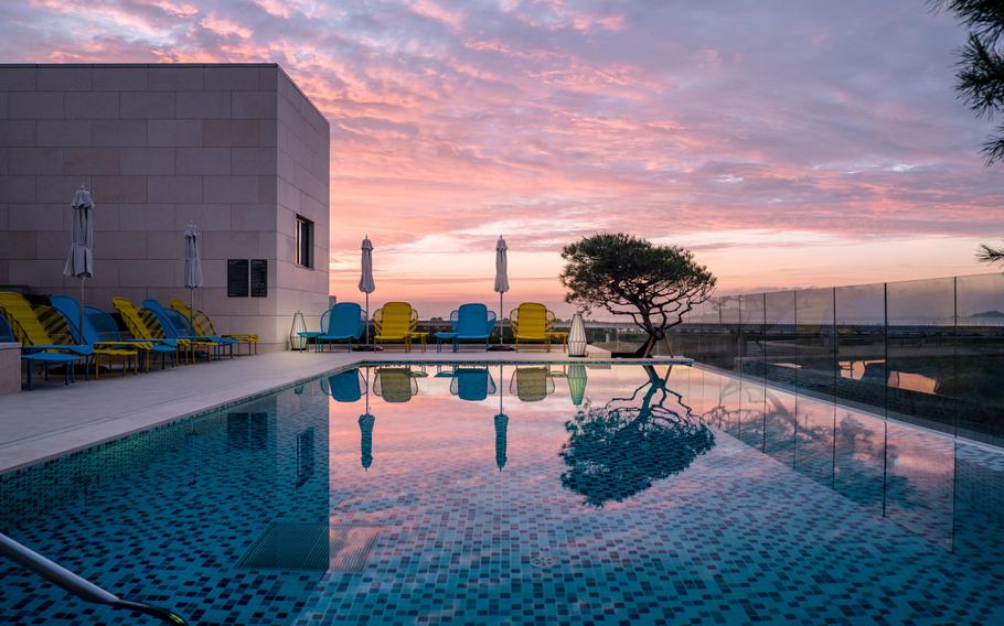 some chairs and trees can be seen beside the pool.