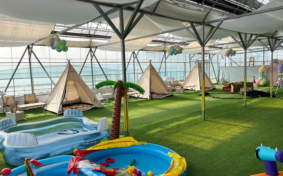 pools and tents inside the greenhouse.