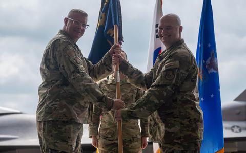 Photo Of U.S. Air Force Maj. Jedidiah Rodgers assumes command from Col. Kenneth Beebe.