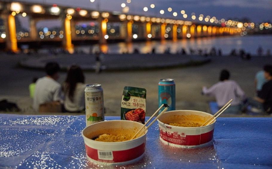 Instant ramyeon on the table.