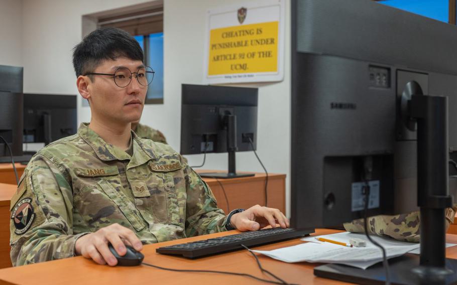 U.S. Air Force Staff Sgt. James Jang, 607th Combat Weather Squadron weather forecaster, prepares to take an electronic Weighted Airman Promotion System test at Osan Air Base, Republic of Korea, Feb. 15, 2024. Transitioning to the electronic version of the WAPS test improves many different aspects of the process, including the ability to test more people, higher accuracy with scoring, and less waste produced.