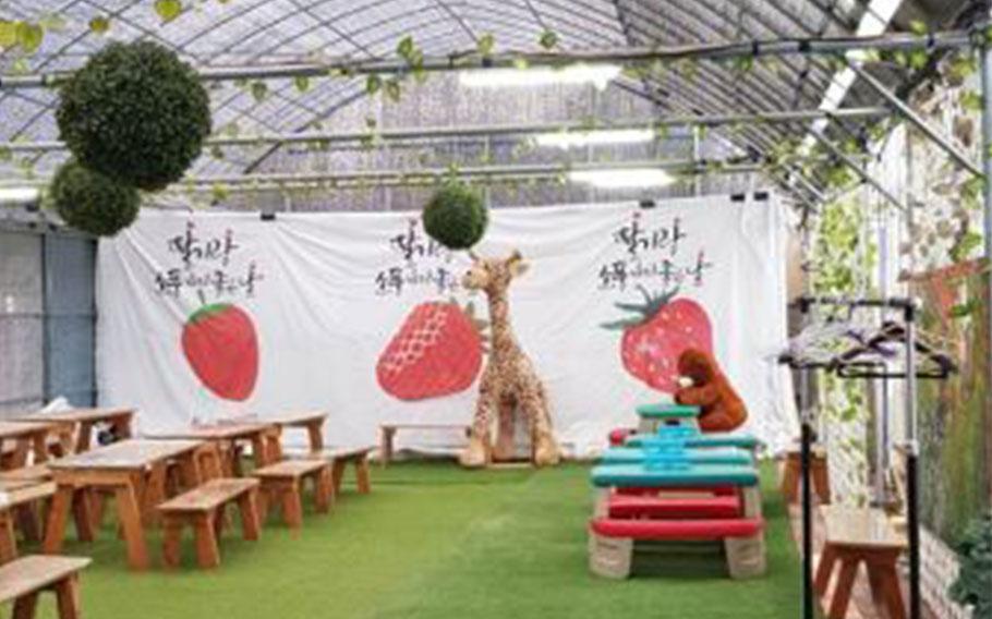 some tables and chairs can be seen in the greenhouse.