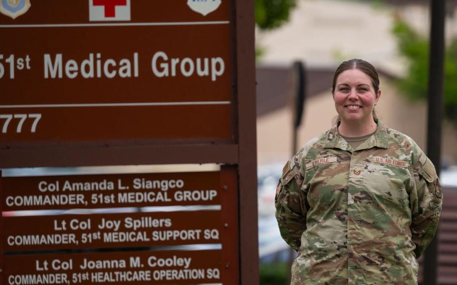 U.S. Air Force Tech. Sgt. Kylie Eberle poses for a photo at Osan Air Base.