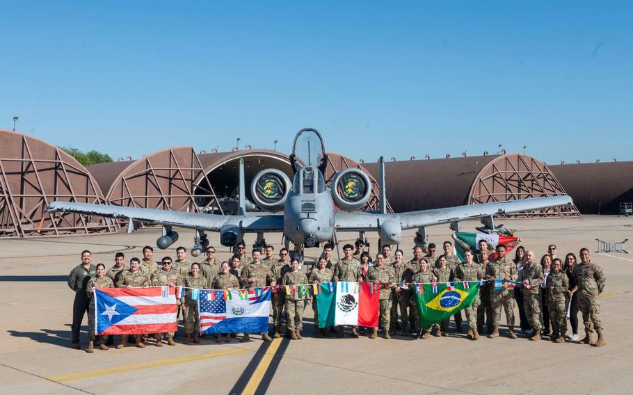 U.S. Air Force members assigned to the 51st Fighter Wing pose for a group photo for National Hispanic Heritage Month at Osan Air Base, Republic of Korea, Oct. 4, 2024. National Hispanic Heritage Month is observed each year from Sept. 15 – Oct. 15. As of 2020, 15.6% of the active-duty Air Force members are of Hispanic or Latino descent.