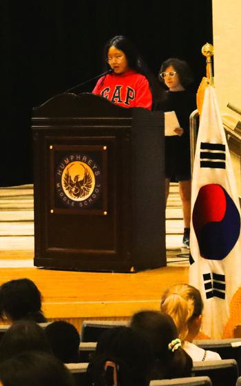 Mistress of Ceremony 5th grade student Trinity Choi and Master of Ceremony 6th grade student Bill Spoelman.