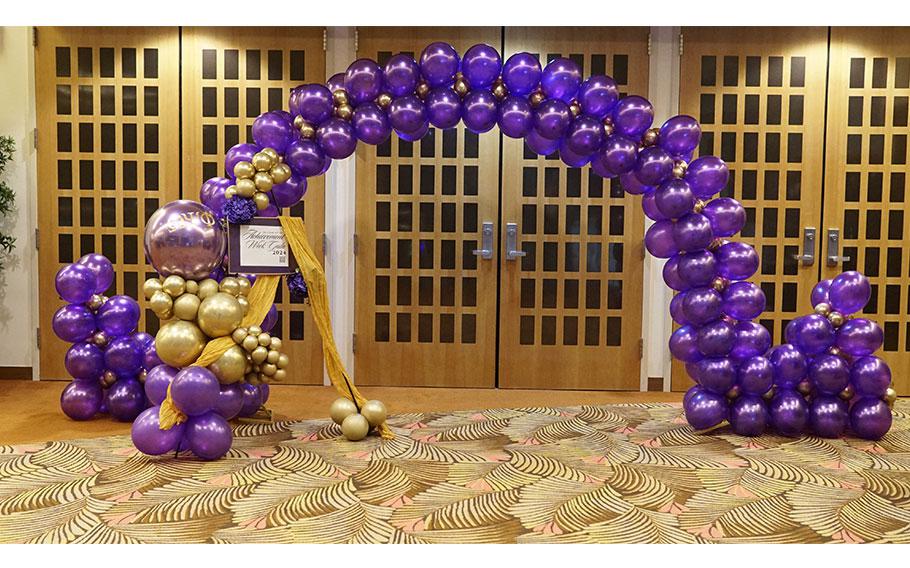 entrance decorated with balloons.